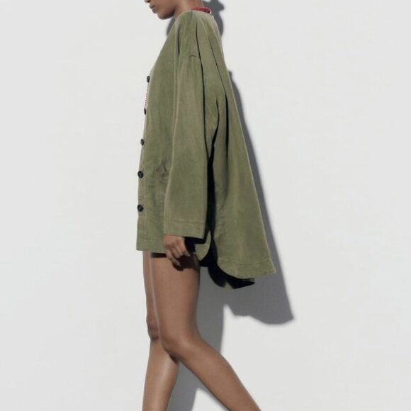 Zara Linen blend Jacket with Pockets Khaki, Medium, Like New - Picture 3 of 6